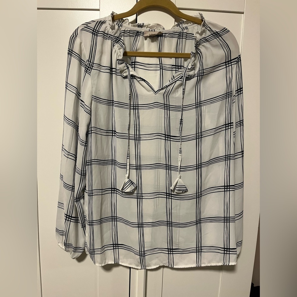 LOFT Black and White Plaid Blouse